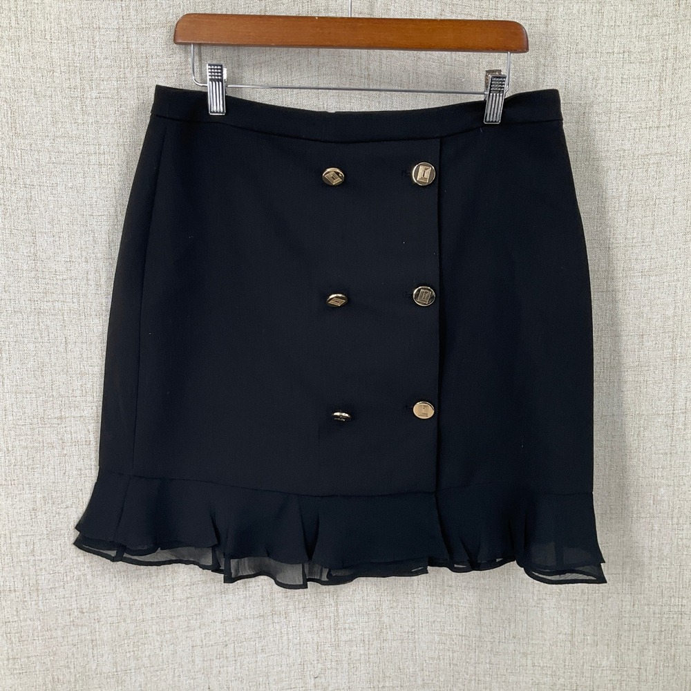 Karl Lagerfeld Paris Skirt Womens 8 Black Ruffle Hem Gold Button Designer Preppy